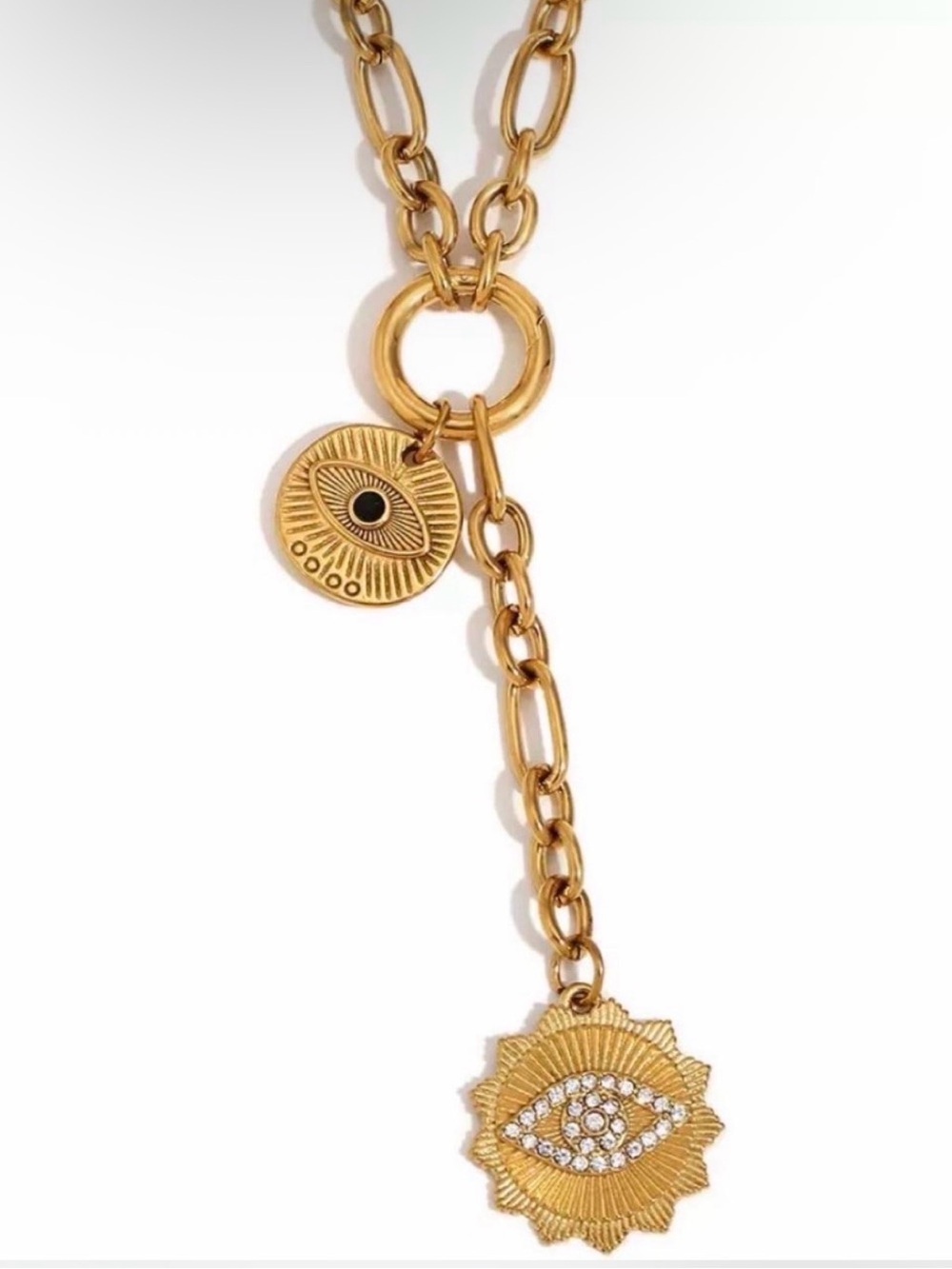 Gold Evil Eye Pendant Lariat Necklace